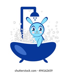 Vector Bunny in shower. Little funny cartoon character taking bath isolated. Kawaii sticker, patch for  bathroom. Bathing baby.