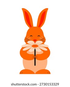 vector bunny sniffing flower isolated on white background