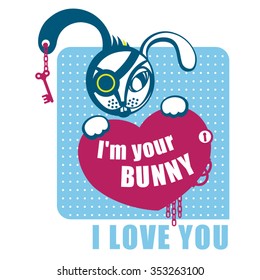 vector Bunny steam-punk with heart frame and love text and key