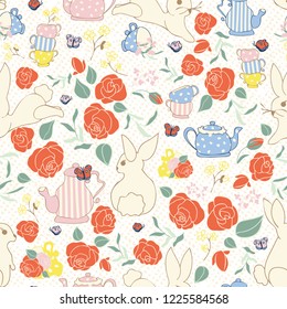 Vector Bunny Tea Party Seamless Pattern Background. Perfect for fabric, scrapbooking, wallpaper projects. 