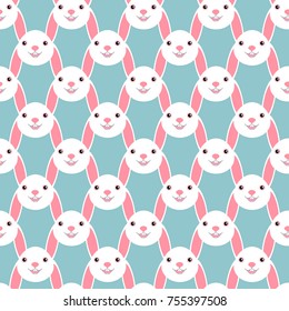 Vector Bunny white illustration. Seamless pattern baby cute solated on blue background.