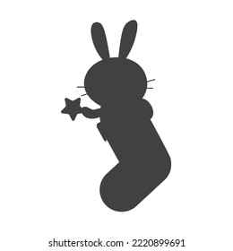 Vector bunny winter illustration of a symbol of chinese new year 2023. Black rabbit in stocking silhouette for Merry Christmas greeting card for children EPS