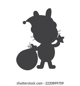 Vector bunny winter illustration of a symbol of chinese new year 2023. Black rabbit silhouette in clothes for Merry Christmas greeting card for children EPS