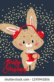 Vector bunny with winter whipped cream hot coffee in a red mug. Merry christmas holiday card.
