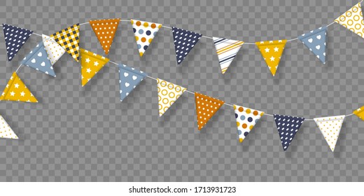 Vector bunting flags with geometric patterns. Decorative elements for birthday party, festivals, holidays. Isolated on transparent background.