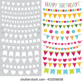 Vector bunting flags set (colorful decoration and blank templates)