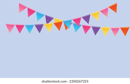 Banderas de fiesta de agrupamiento de vectores coloridas triángulos colgando de un festival de carnaval de cuerda o vector de cumpleaños.