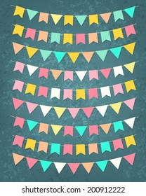 Vector bunting party flags set in different colors on grunge background