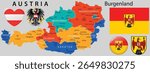 Vector of Burgenland Austria coat of arms, flag and map. Great for Austrian themed designs, education, regional identity and cultural projects.