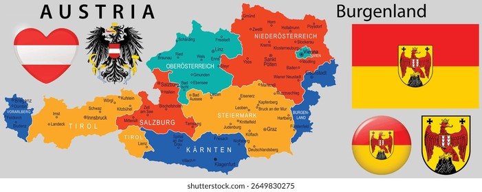 Vector of Burgenland Austria coat of arms, flag and map. Great for Austrian themed designs, education, regional identity and cultural projects.