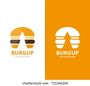 Vector burger and arrow up logo combination. Hamburger and growth symbol or icon. Unique fastfood and upload logotype design template.