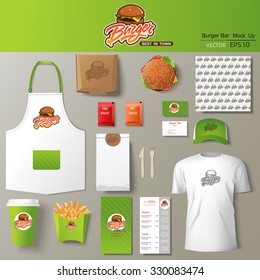 Vector burger bar corporate identity template design set. Branding mock up.