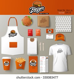 Vector burger bar corporate identity template design set. Branding mock up.