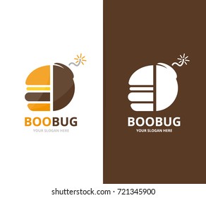 Vector burger and bomb logo combination. Hamburger and detonate symbol or icon. Unique fastfood and weapon logotype design template.
