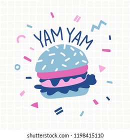 Vector burger cartoon and doodle illustration. Yummy delicious fresh burger, hamburger, cheeseburger. Inscription for fast food, t-shirt, sticker, menu concept.