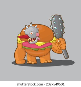 vector of a burger character with a monster face carrying a weapon. vector burger character