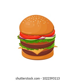 vector burger with cheese, meat, salad isolated on white background.Tasty hamburger. Fast food.