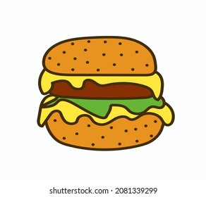 vector burger with cheese, meat, salad isolated on white background. Tasty hamburger. Fast food.