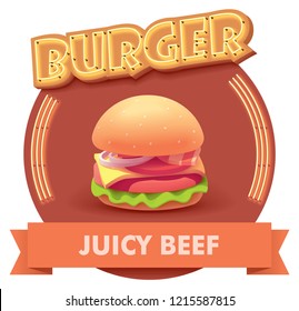 Vektorburger oder Käsermeister-Ikone mit Retro-Neonzeichen. Illustration oder Etikett für Menü im Schnellrestaurant