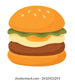 Vector burger with egg, lettuce and patty in a soft bun. Fun breakfast cartoon illustration.