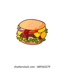Vector burger flat isolated illustration on a white background. Tasty fresh fastfood chickenburger, cheesburger with vegetables.