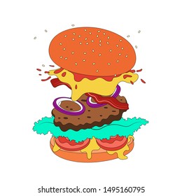 Vector Burger with flying ingredients