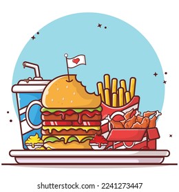 Vector burger with french fries fried chicken soda sauces cartoon vector fast food illustration