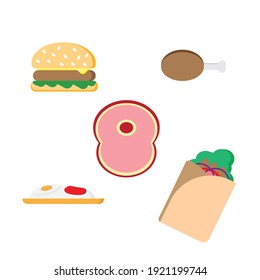 Eine Vektorgrafik von Burger, frittiertem Huhn, rohem Fleisch, Schawarma und Nasi-Lemak auf weißem Hintergrund.