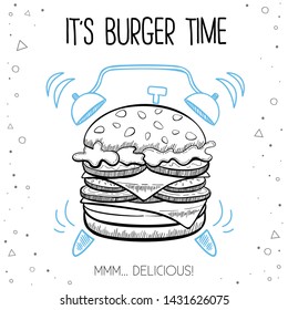 Vector burger in hand drawn flat line doodle style. Fast food concept poster with text It's burger time. Background with geometric shapes, design elements. Template with place for text.
