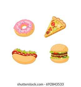 Vector burger hot dog pizza donut set. Flat cartoon isolated illustration on a white background. Fast junk food concept. Tasty doughnut, pepperoni tomato pizza slice, humburger sandwich, hot dog