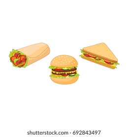 Vector burger hot dog roll shawarma sandwich set. Flat cartoon isolated illustration on a white background. Fast junk food concept. Tasty triangular sandwich, shawarma doner kebab, humburger, hot dog
