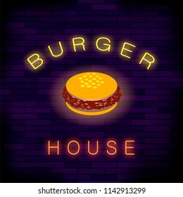 Vector Burger House Neon Colorful Sign on Dark Brick Background