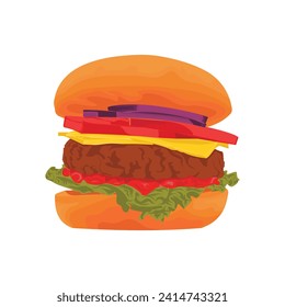 Vector burger image of a cheeseburger appetizing hamburger in flat style on white background