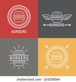 Vector burger logo design elements in linear style - emblems and badges for fast food