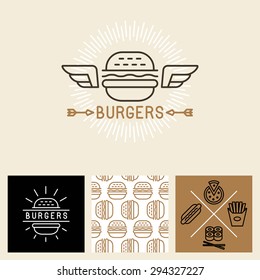 Vector burger logo design elements and package template - seamless pattern for wrapping paper with linear icons