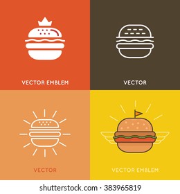 Vector burger logo design elements in linear and flat style - emblems and badges for fast food 