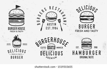 Vector Burger logo set. Vintage burger,  sandwich or hamburger labels, badges. Fast food and restaurant logo templates with grunge texture. 