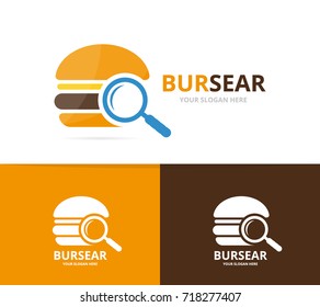 Vector burger and loupe logo combination. Hamburger and magnifying symbol or icon. Unique snack, fastfood and search logotype design template.