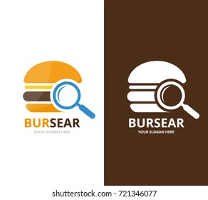 Vector burger and loupe logo combination. Hamburger and magnifying symbol or icon. Unique snack, fastfood and search logotype design template.