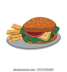 Refeição de hambúrguer vetorial ou ícone de comida de rua rápida. Cheeseburger ou sanduíche americano com alface e tomate, queijo e carne. Lanche de almoço de pub jantar ou restaurante. Nutrição rápida. Tomada gordurosa.
