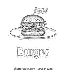 vector of burger on plate, hand drawn food illustration