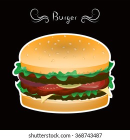 Vector burger with outline on black background. Hamburger icon for cafe or restaurants