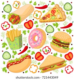 Vector burger pizza slice, roll doner kebab potato fry sandwich donut set. Fast food flat cartoon isolated illustration on a white background. Fast food objects mixed with different vegetables, sweets