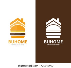 Vector burger and real estate logo combination. Hamburger and house symbol or icon. Unique fastfood and rent logotype design template.