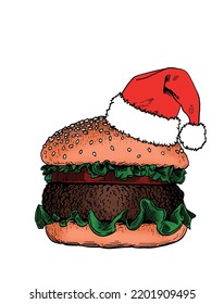 Hamburguesa vectorial en el sombrero de Santa Claus aislado en blanco,elemento gráfico de comida rápida,diseño de año nuevo