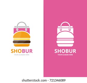 Vector burger and shop logo combination. Hamburger and sale symbol or icon. Unique fastfood and bag logotype design template.