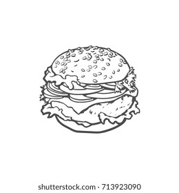 Vector burger sketch hand drawn isolated illustration on a white background. Tasty fresh fastfood chicken burger or cheese burger with vegetables. Sandwich burger with onion lettuce tomato cheese and sauce