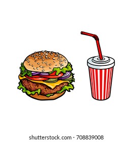 Vector burger, soft cold drink disposable cup with straw and lid. Sketch hand drawn isolated illustration on a white background. Tasty fresh fastfood chickenburger, cheesburger with vegetables.