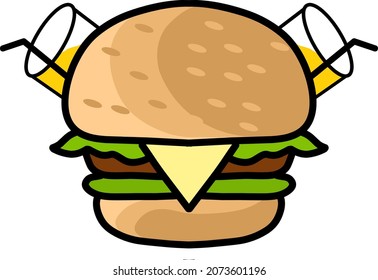 Hamburguesa vectorial y dos vasos de jugo