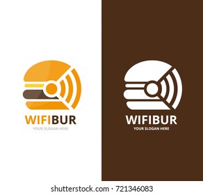 Vector burger and wifi logo combination. Hamburger and signal symbol or icon. Unique fastfood and radio, internet logotype design template.